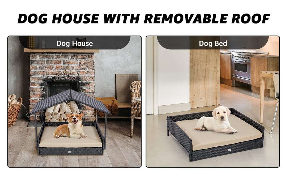 Casa de ratan para perros con techo extraible y cojin lavable