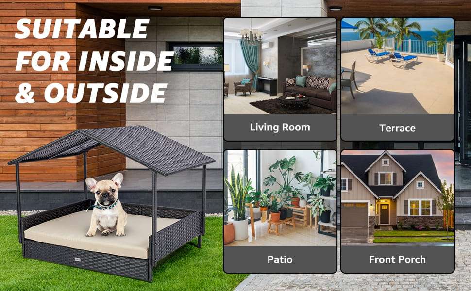 Casa de ratan para perros con techo extraible y cojin lavable