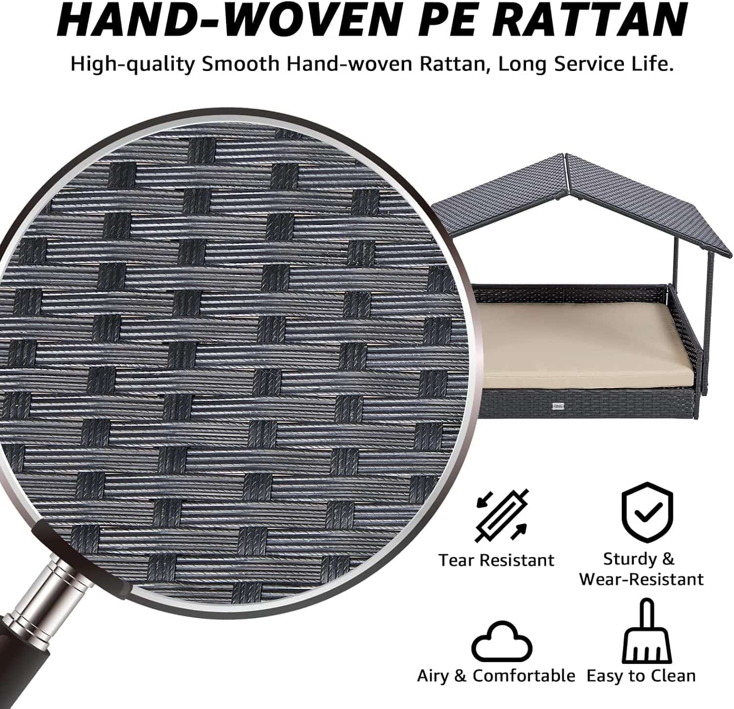 Casa de ratan para perros con techo extraible y cojin lavable