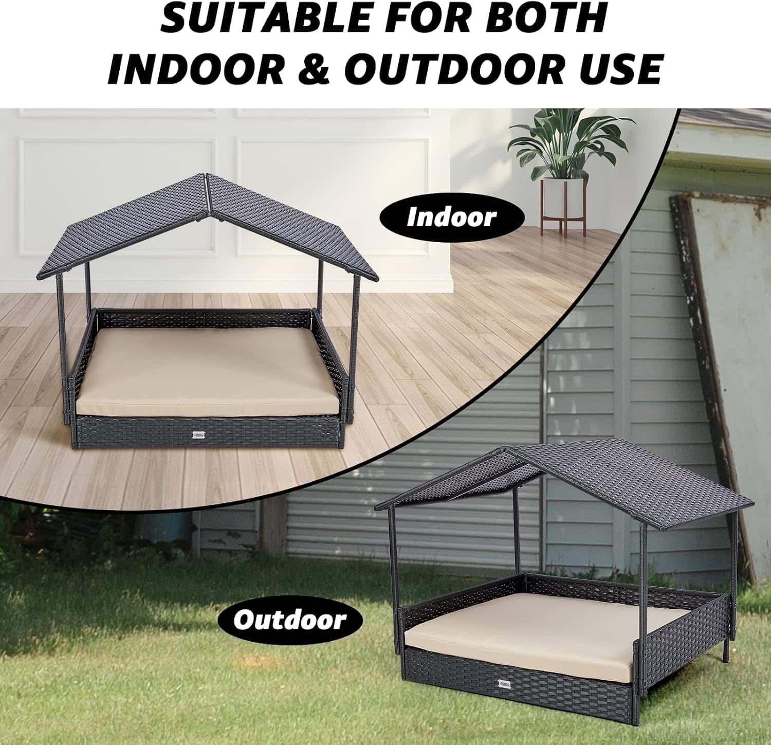 Casa de ratan para perros con techo extraible y cojin lavable