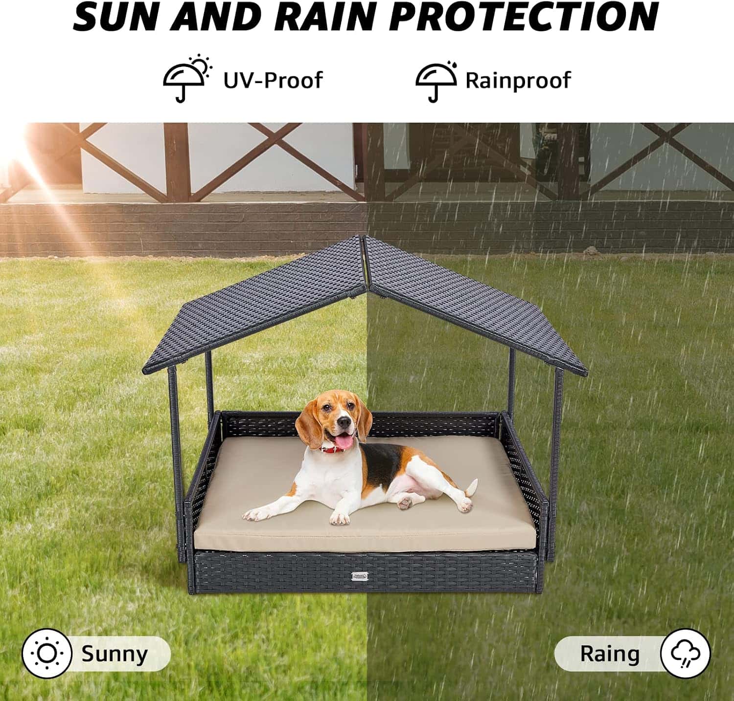 Casa de ratan para perros con techo extraible y cojin lavable
