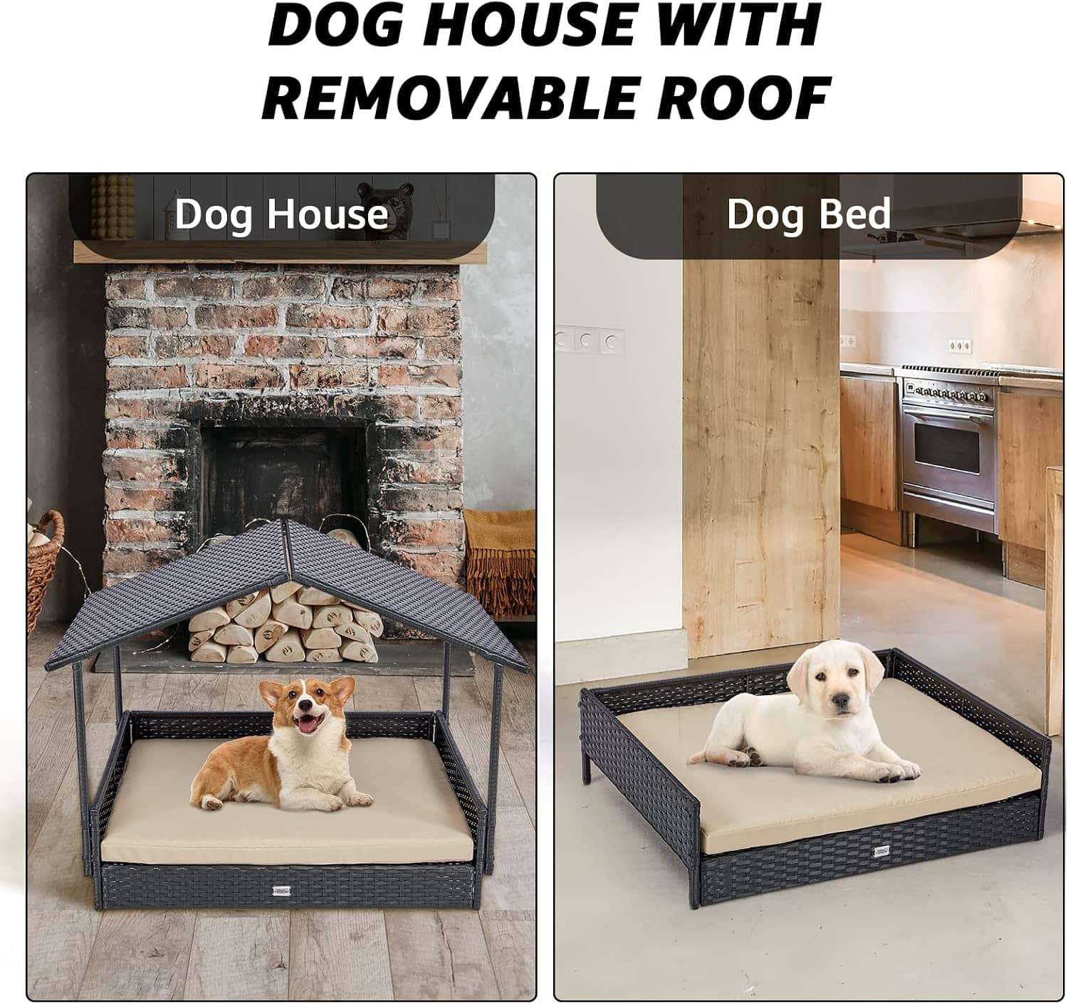 Casa de ratan para perros con techo extraible y cojin lavable