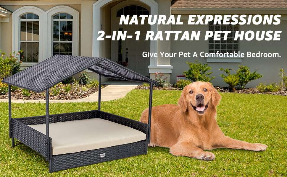Casa de ratan para perros con techo extraible y cojin lavable