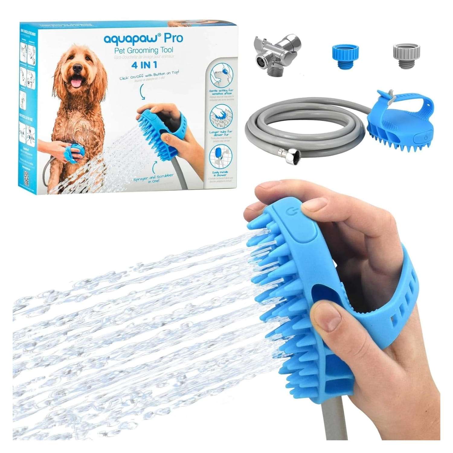 Cepillo de bano multifuncional de silicona para mascotas con manguera y adaptadores.