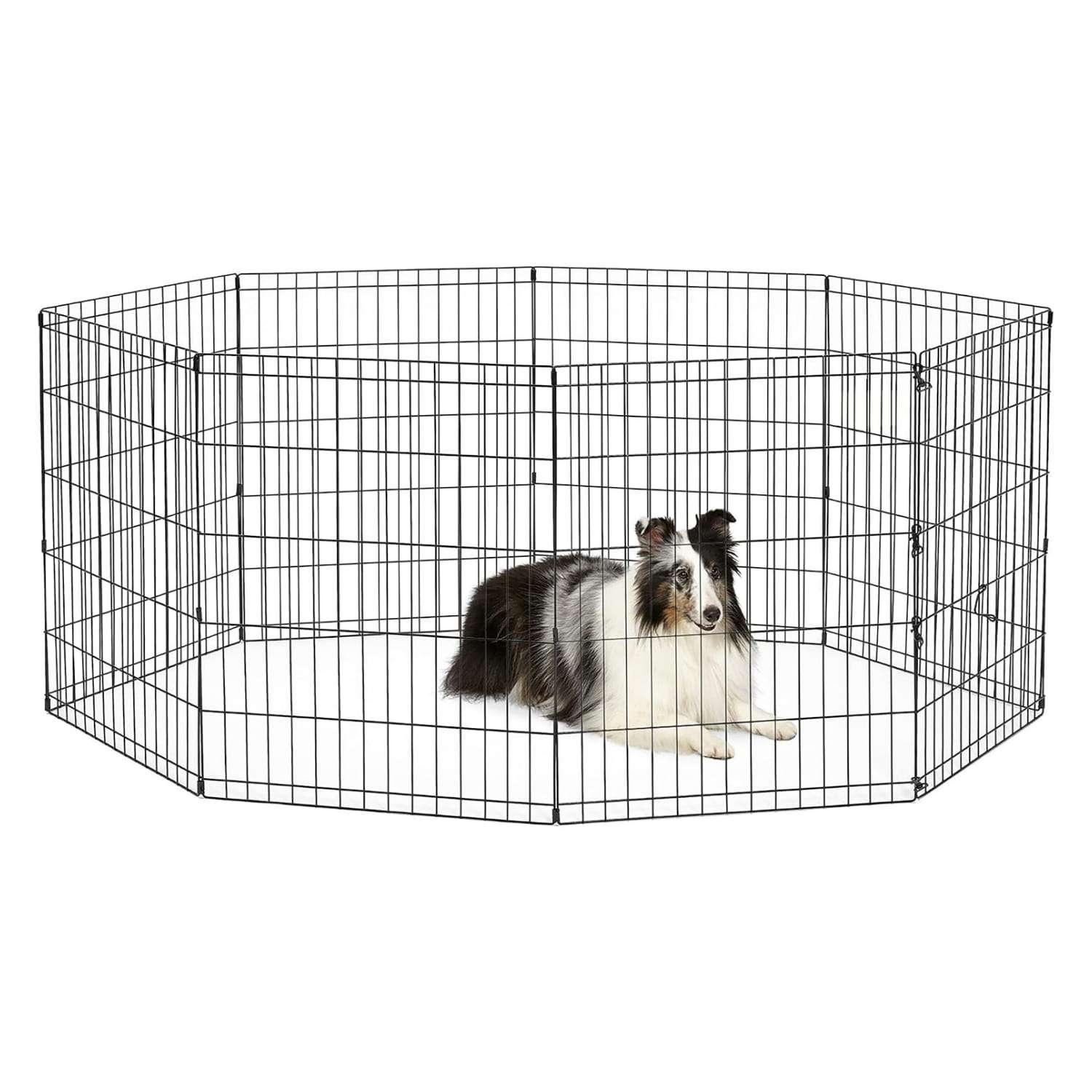 Cerco de acero inoxidable plegable para mascotas con ocho paneles y anclajes para exteriores.