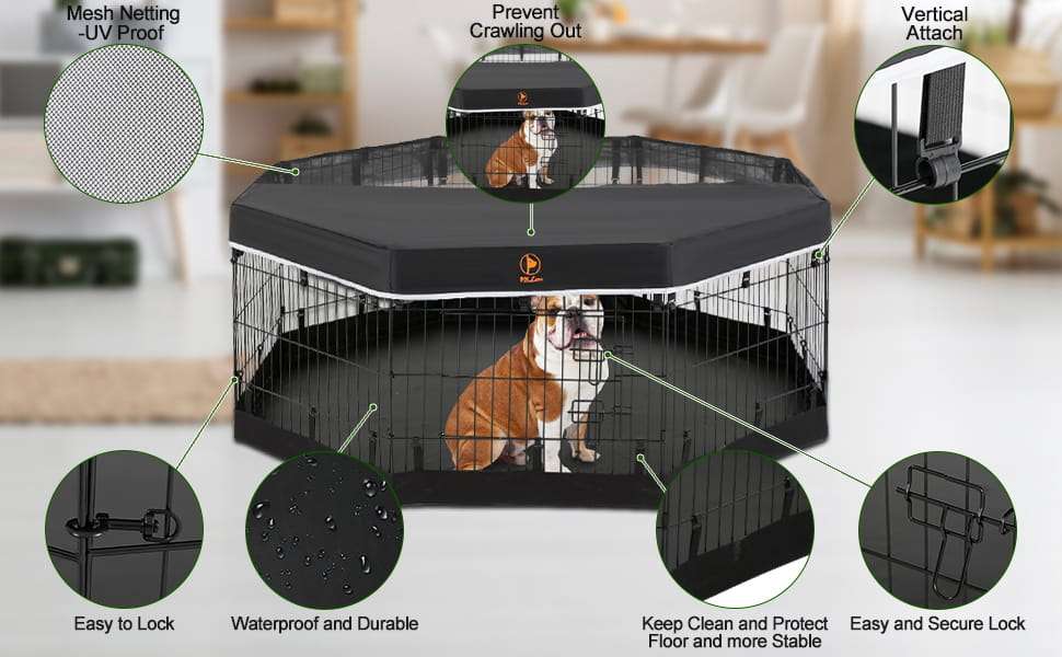 Corral plegable para perros con paneles de metal base impermeable y cubierta protectora lavable