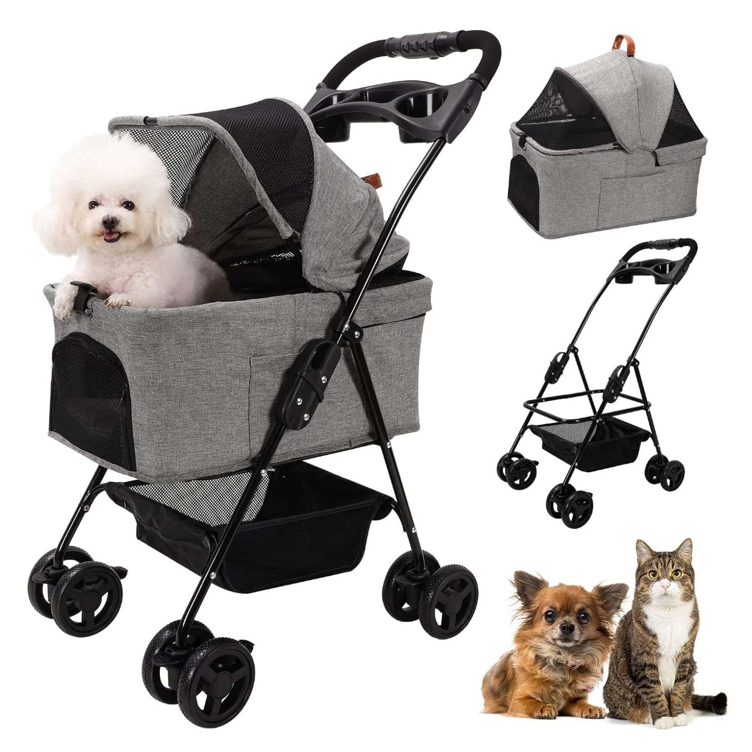 Coche para mascotas desmontable tres en uno con ruedas y malla transpirable