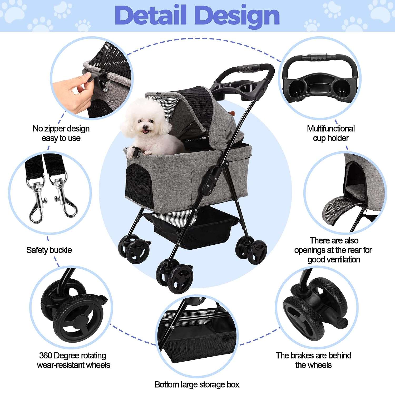 Coche para mascotas desmontable tres en uno con ruedas y malla transpirable