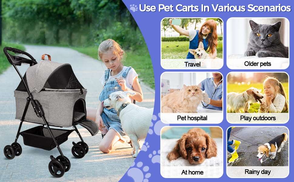 Coche para mascotas desmontable tres en uno con ruedas y malla transpirable