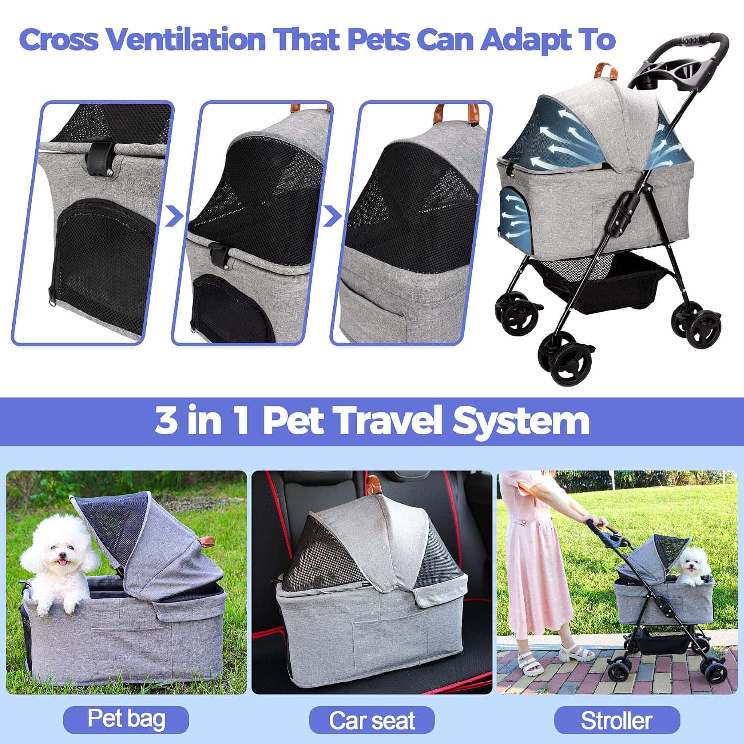Coche para mascotas desmontable tres en uno con ruedas y malla transpirable