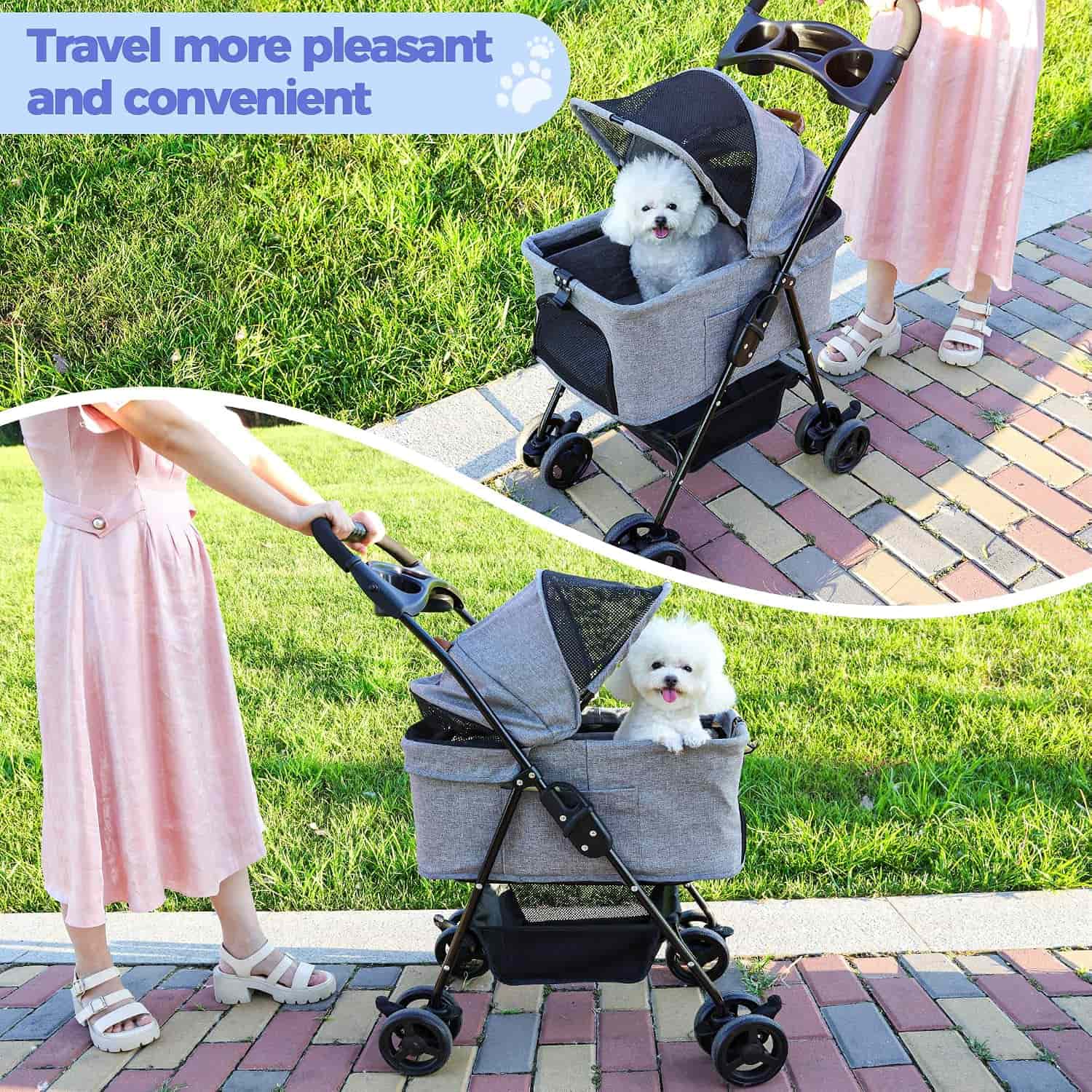 Coche para mascotas desmontable tres en uno con ruedas y malla transpirable