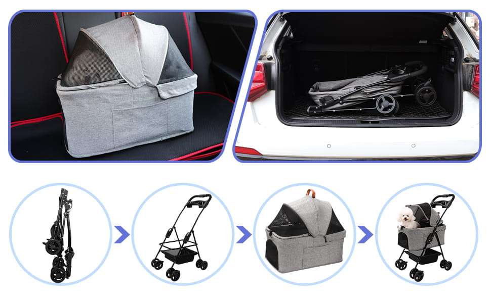 Coche para mascotas desmontable tres en uno con ruedas y malla transpirable