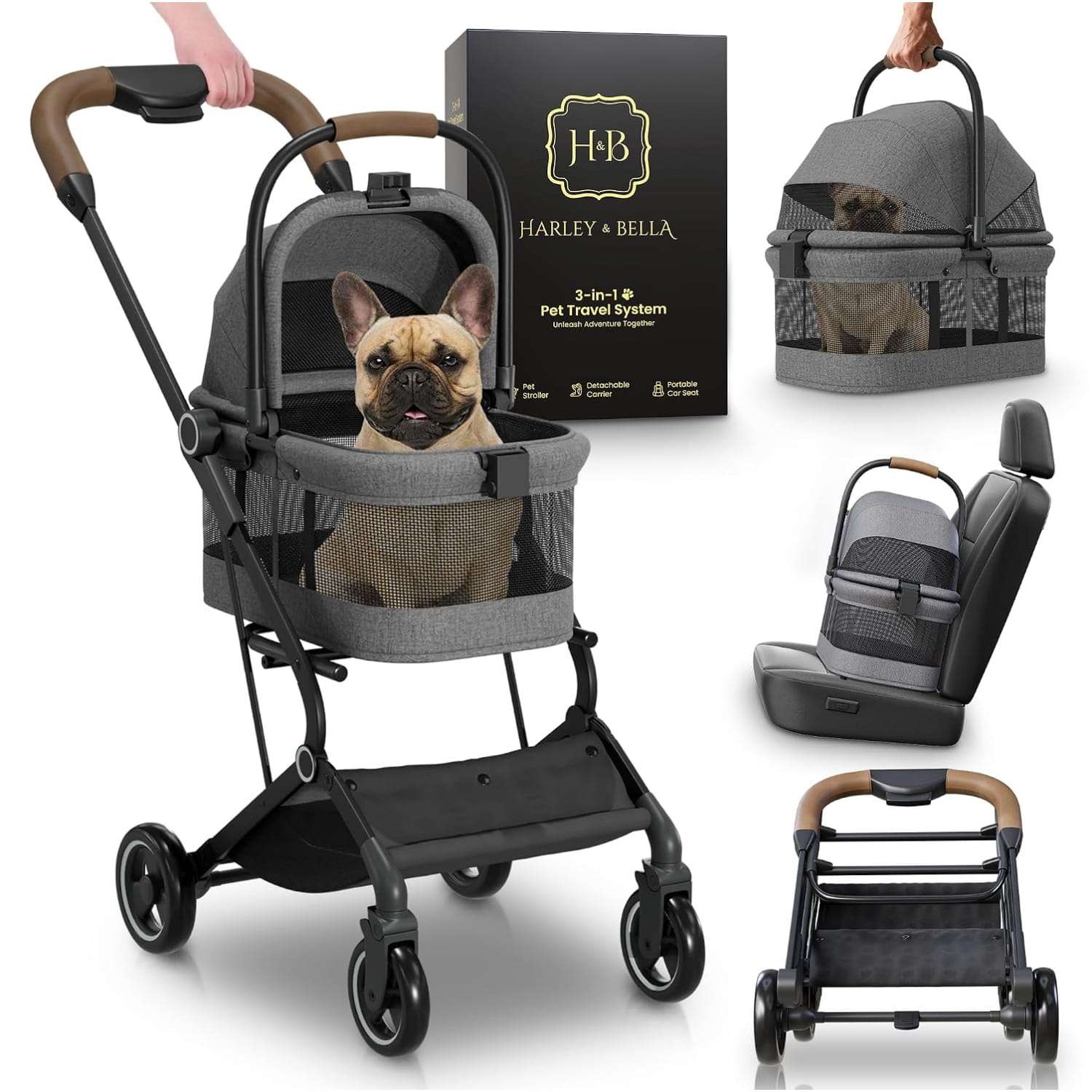 Coche ligero de tela oxford para mascotas con ruedas de suspension y canasto amplio