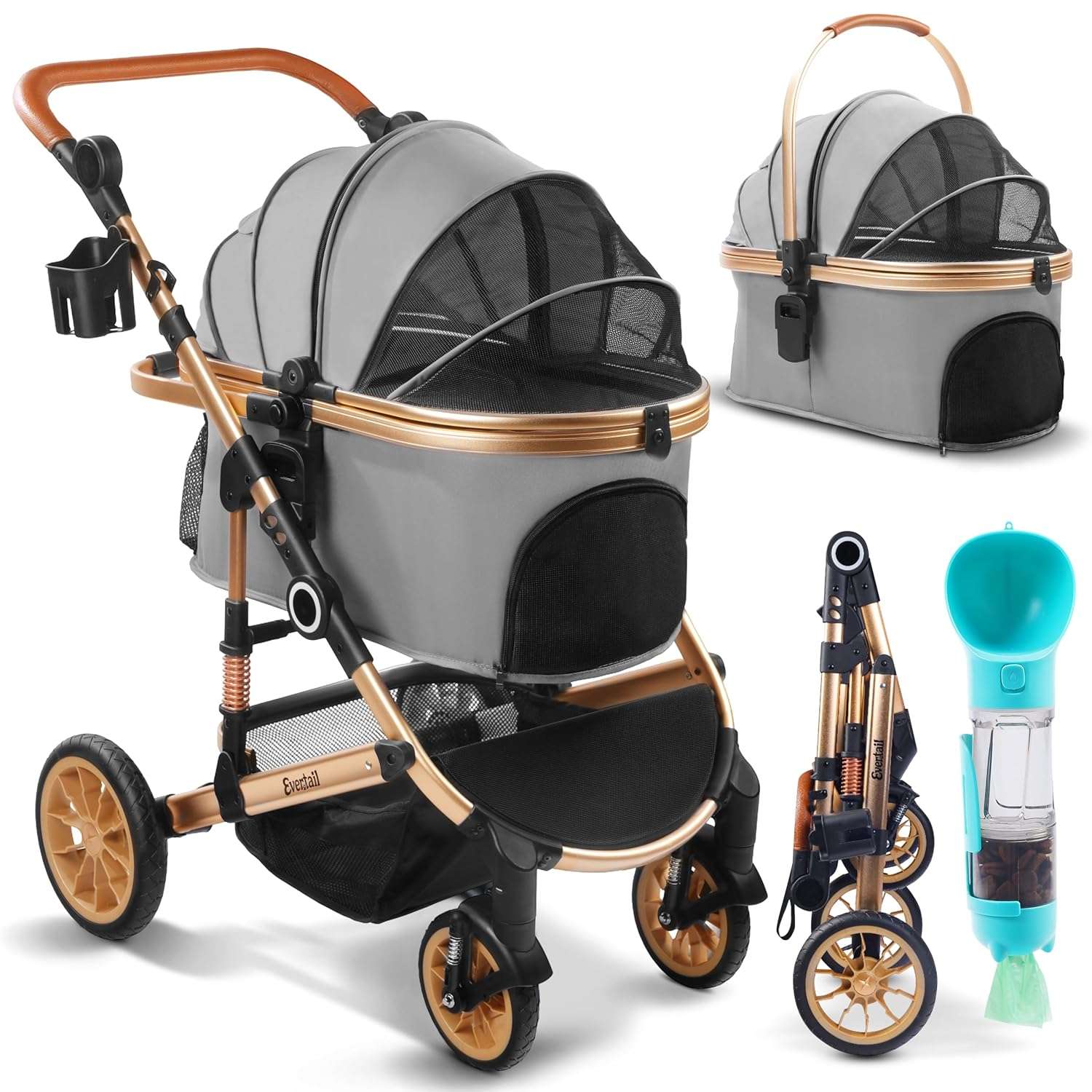 coche plegable 3 en 1 para mascotas evertail con ruedas de goma de 25.4 centimetros y transportador desmontable ideal para chile