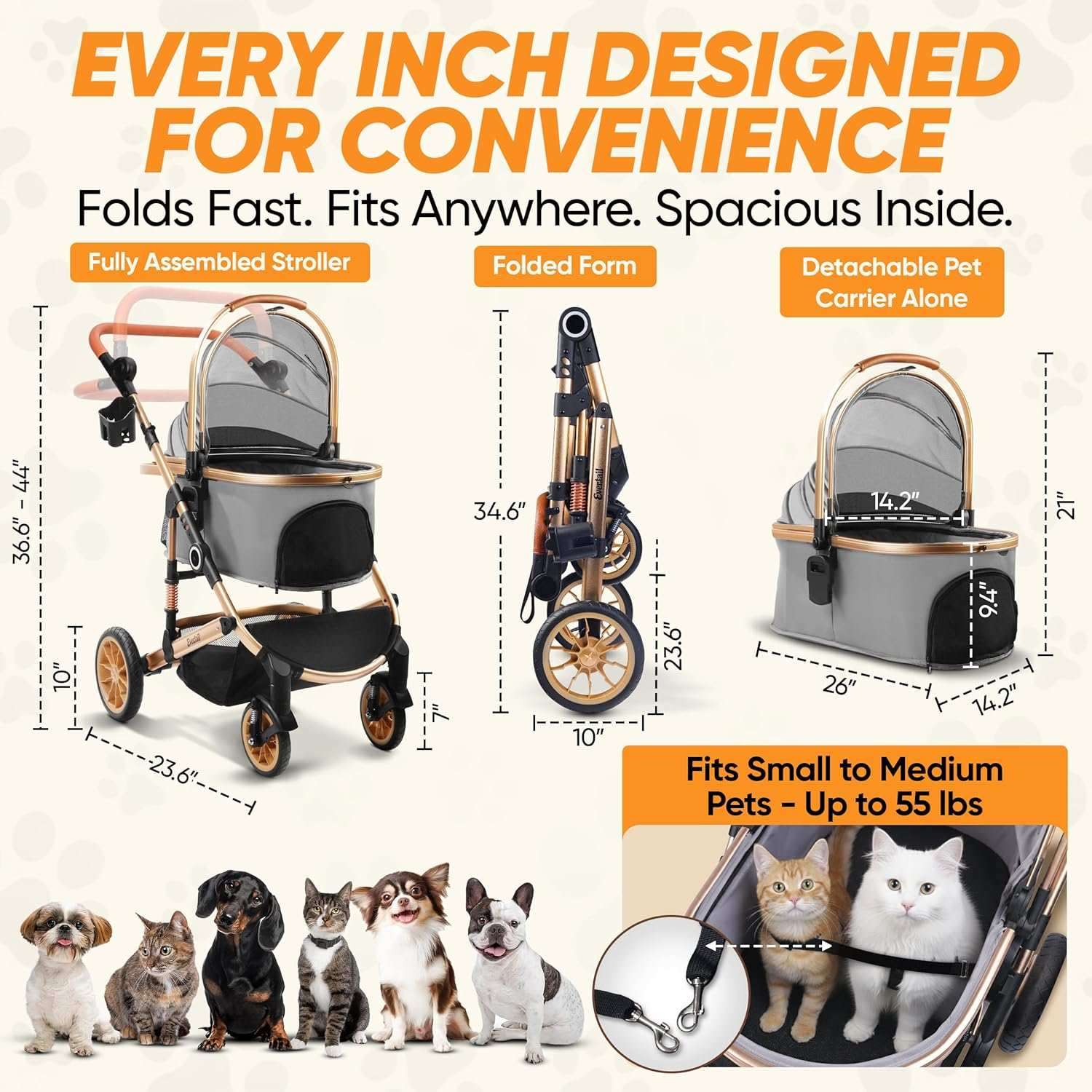 coche plegable 3 en 1 para mascotas evertail con ruedas de goma de 25.4 centimetros y transportador desmontable ideal para chile
