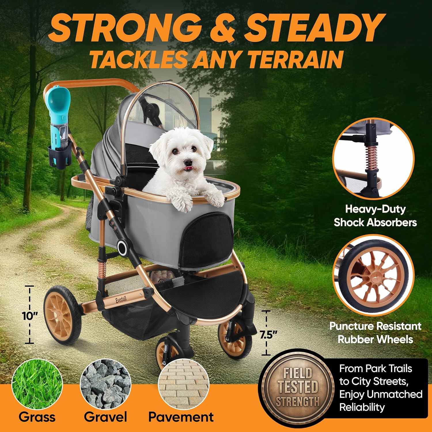 coche plegable 3 en 1 para mascotas evertail con ruedas de goma de 25.4 centimetros y transportador desmontable ideal para chile