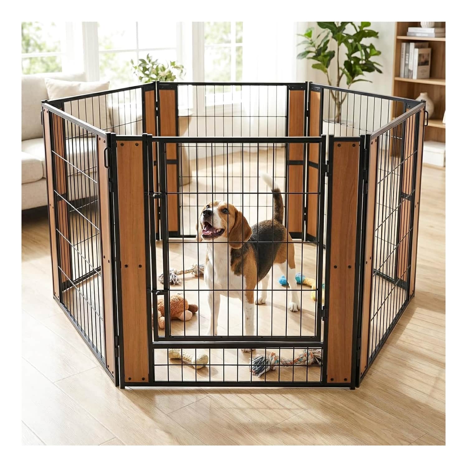 Corralito modular resistente para mascotas diseñado para uso en interiores y exteriores con paneles variables.