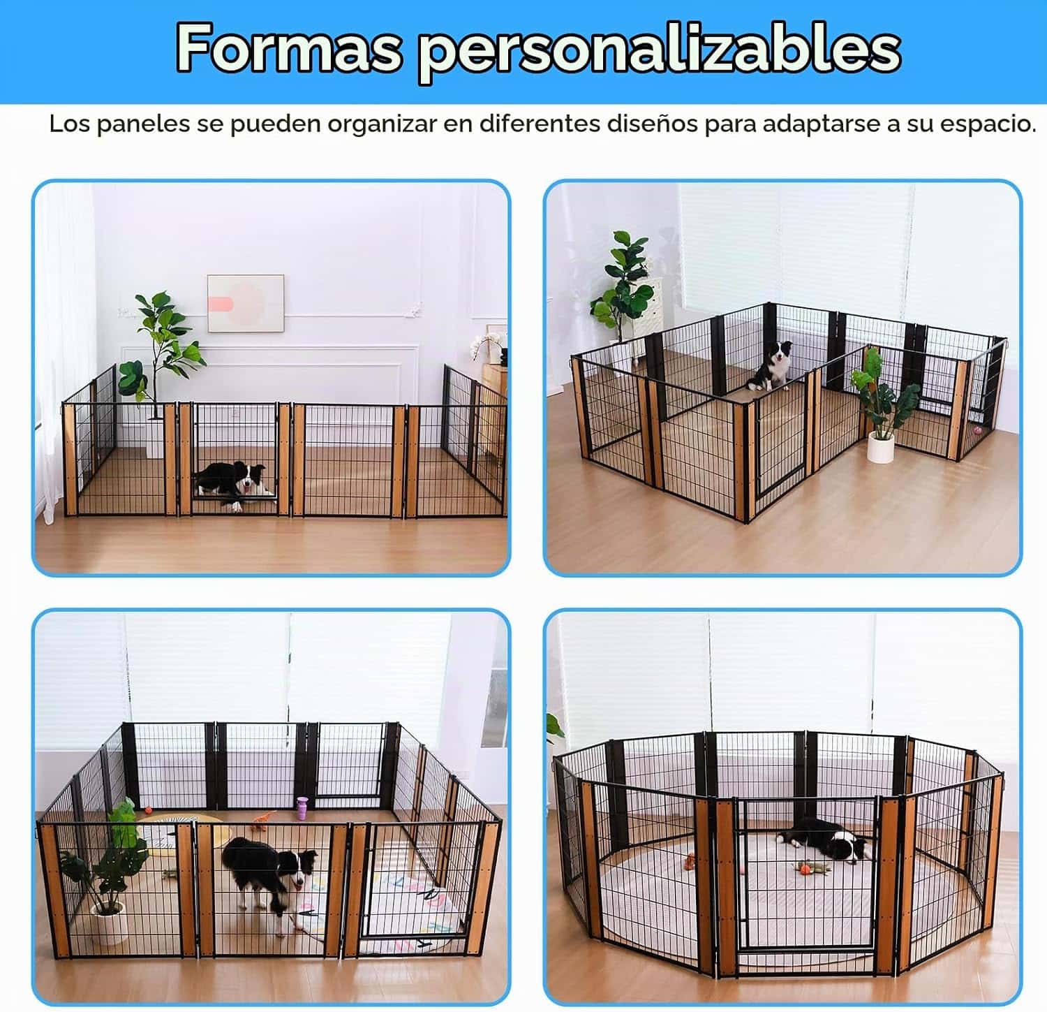 Corralito modular resistente para mascotas diseñado para uso en interiores y exteriores con paneles variables.