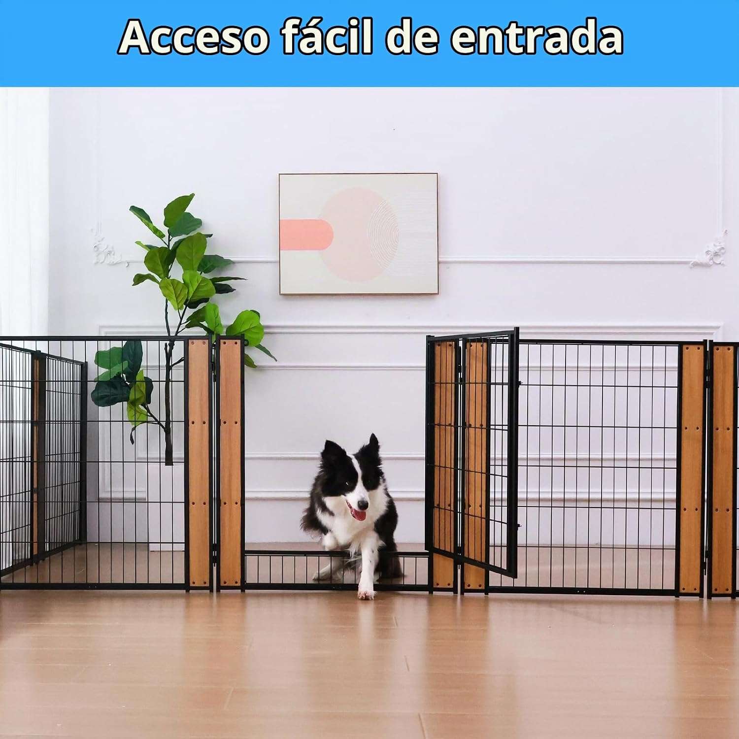 Corralito modular resistente para mascotas diseñado para uso en interiores y exteriores con paneles variables.