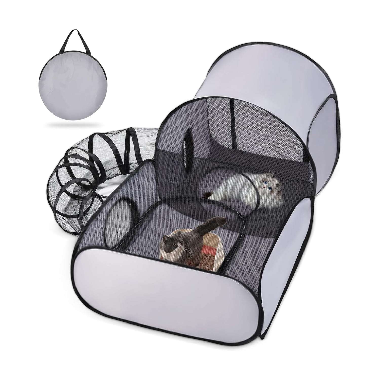 Corralito plegable tres en uno para gatos con carpa y tunel de tela suave