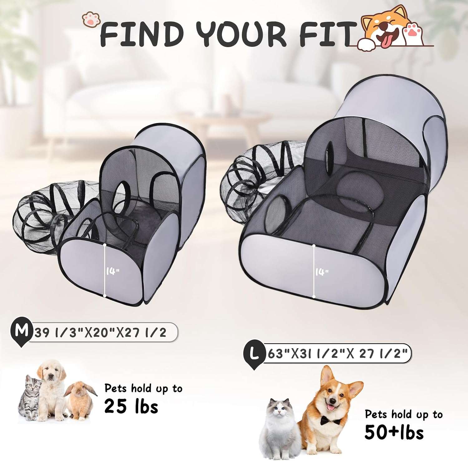 Corralito plegable tres en uno para gatos con carpa y tunel de tela suave
