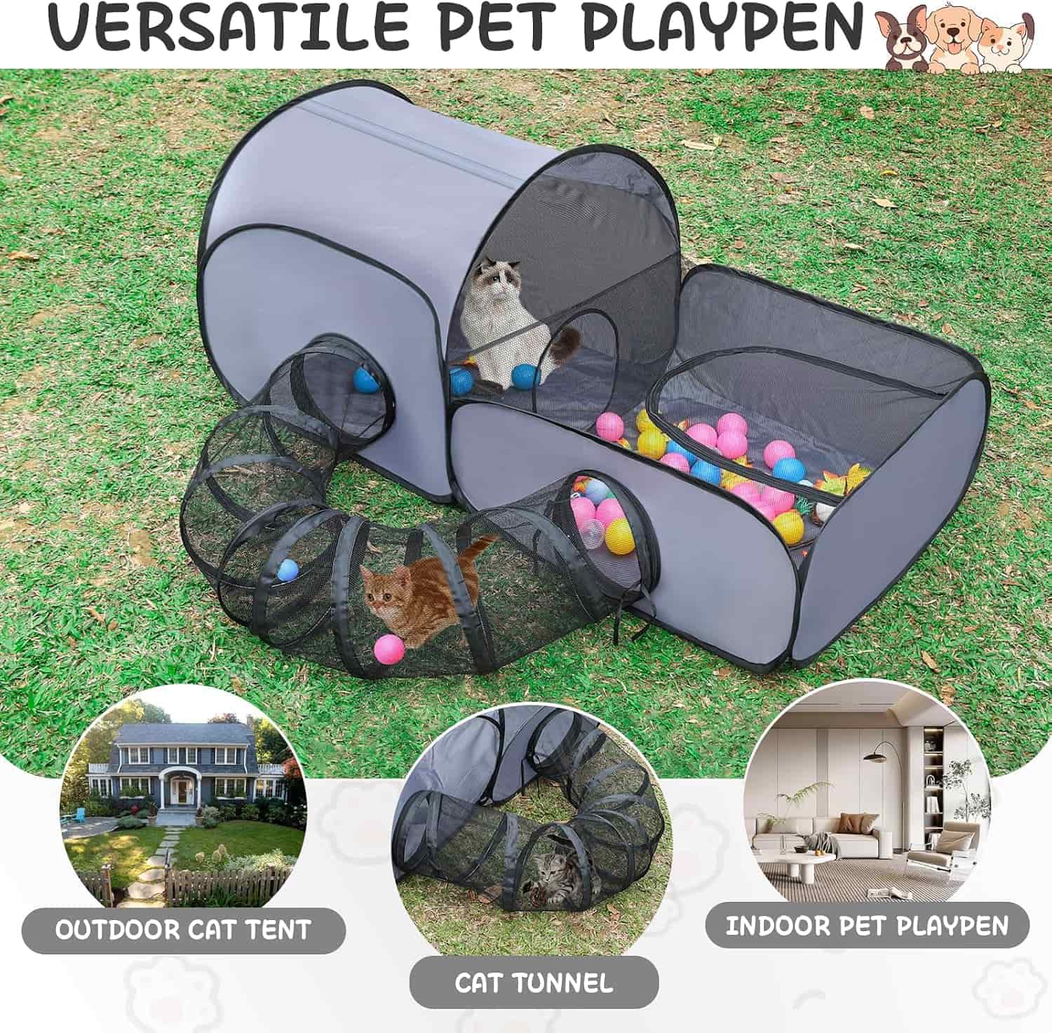 Corralito plegable tres en uno para gatos con carpa y tunel de tela suave