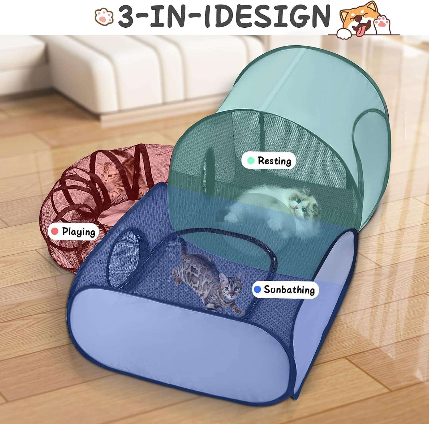 Corralito plegable tres en uno para gatos con carpa y tunel de tela suave