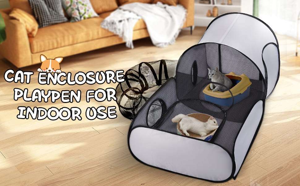 Corralito plegable tres en uno para gatos con carpa y tunel de tela suave