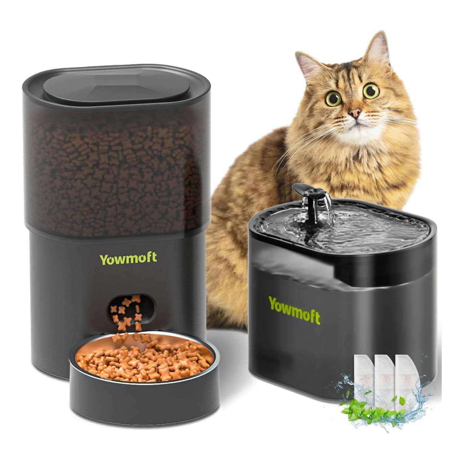 Set de comedero automático programable y dispensador de agua para mascotas.