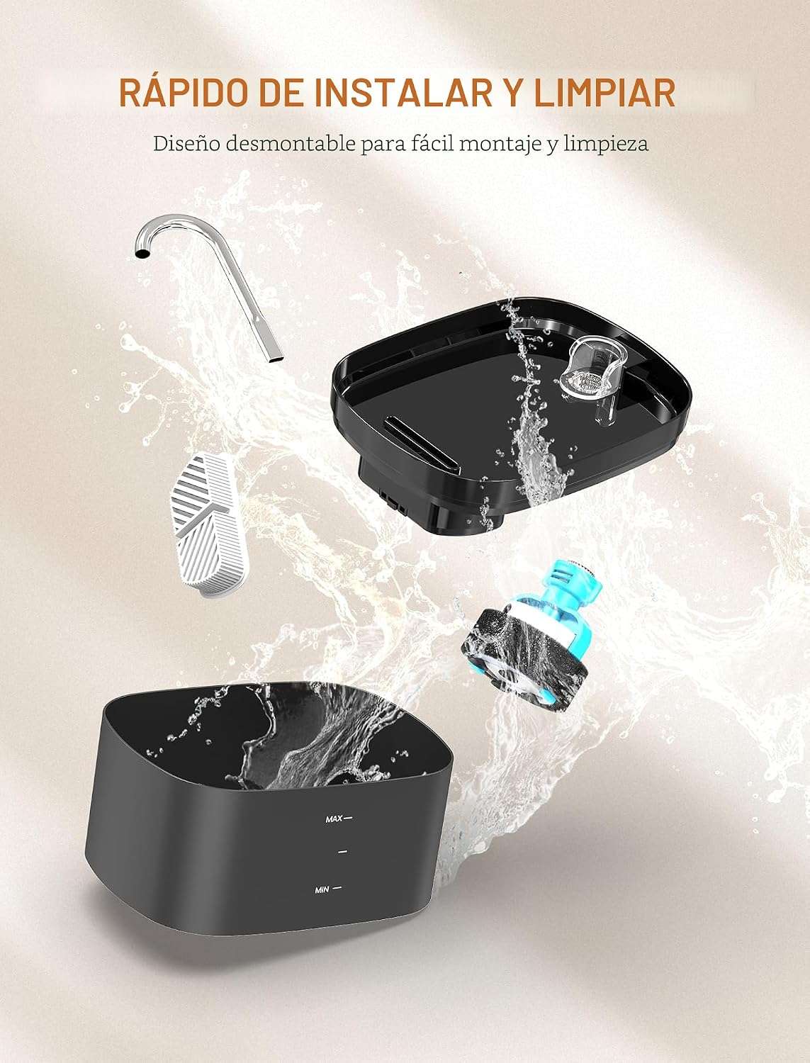 Fuente de agua automatica para gatos con diseno tipo grifo luz LED y gran capacidad.
