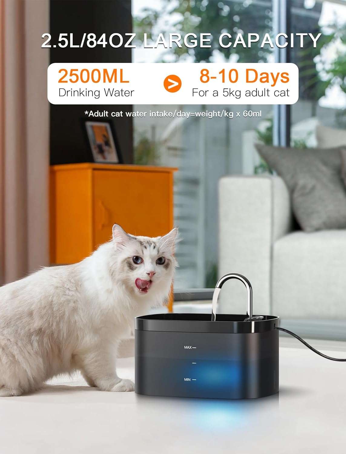 Fuente de agua automatica para gatos con diseno tipo grifo luz LED y gran capacidad.