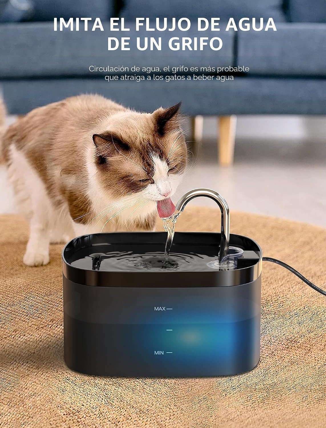 Fuente de agua automatica para gatos con diseno tipo grifo luz LED y gran capacidad.
