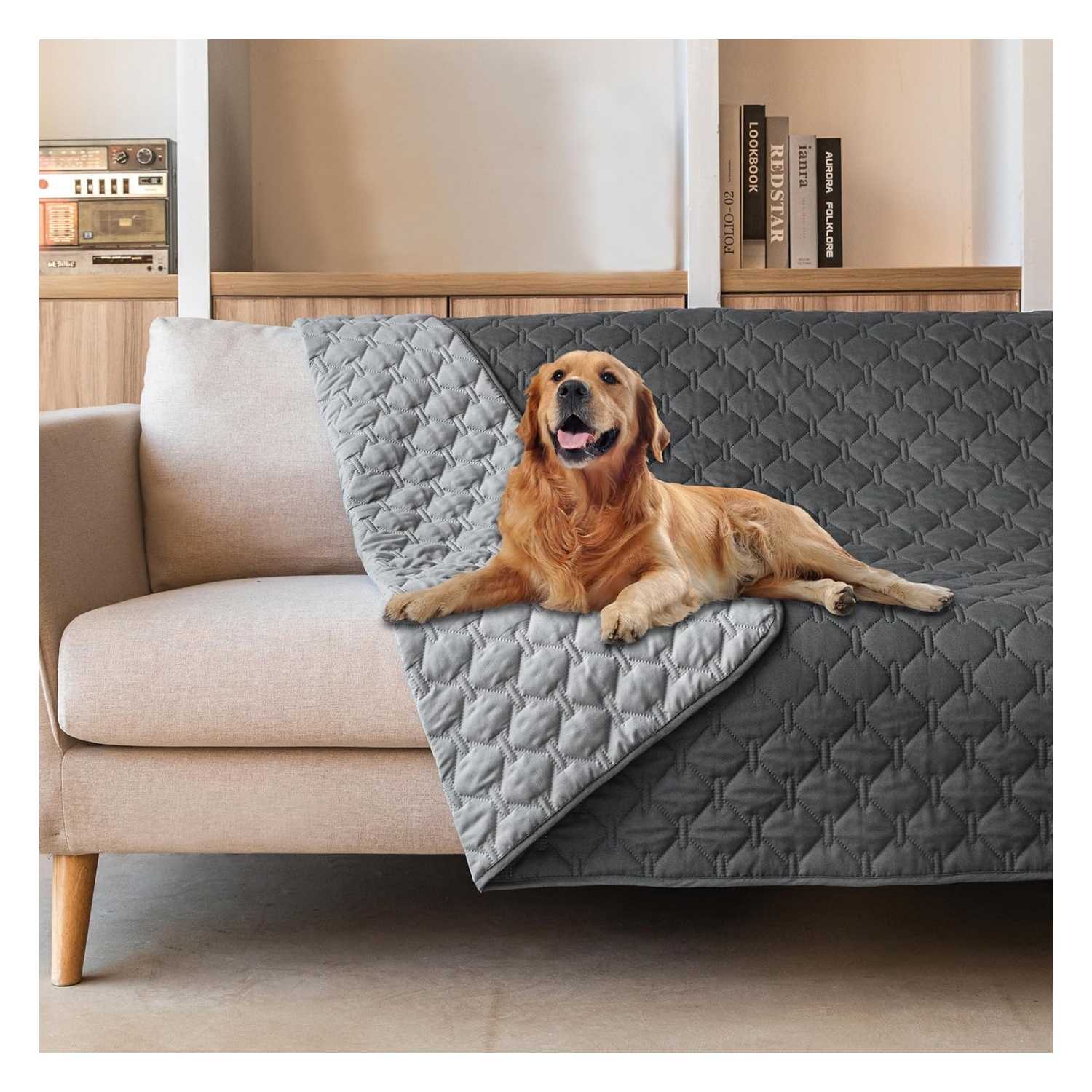 Manta impermeable reversible con diseño a cuadros para proteger sofás y camas de mascotas.