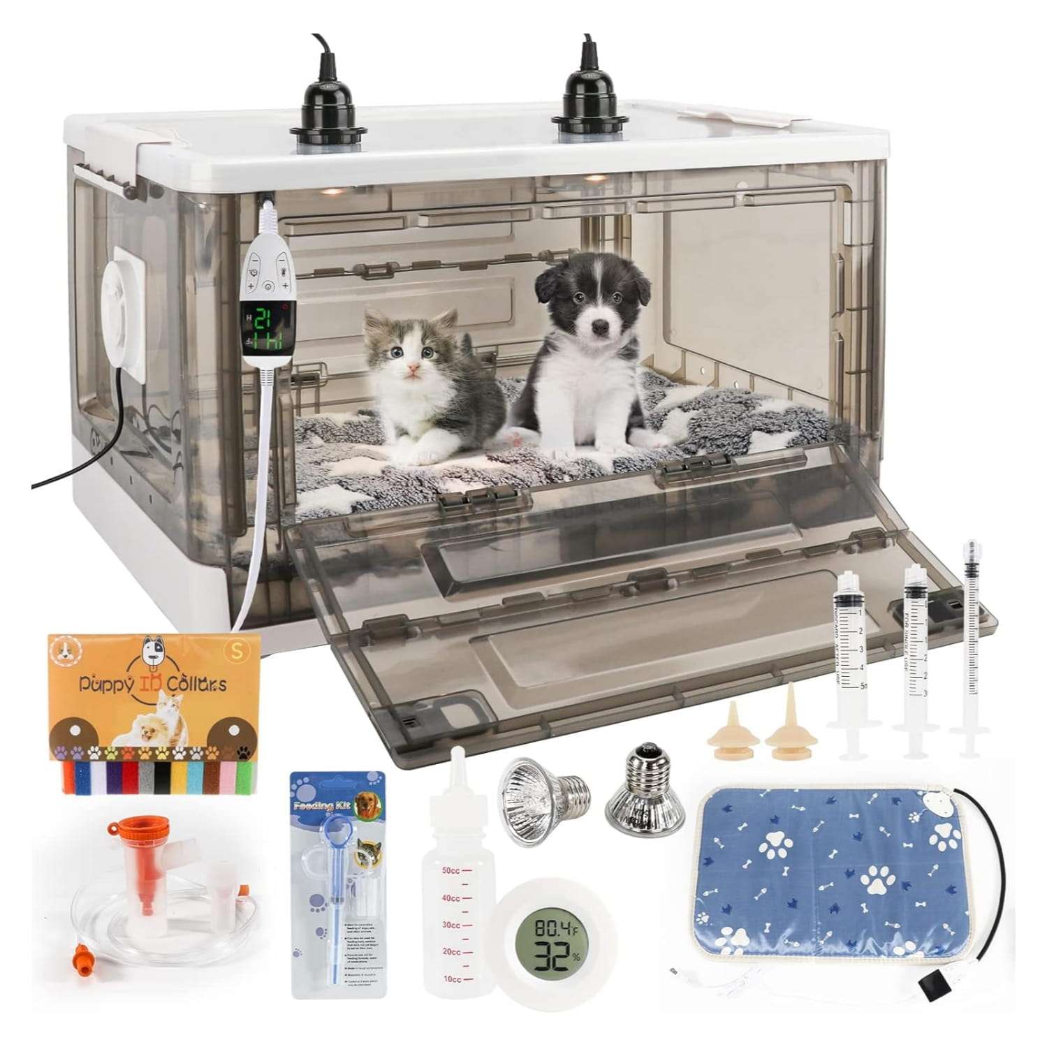 Incubadora transparente para cachorros y gatitos con lampara de calor ventilador y kit de alimentacion.