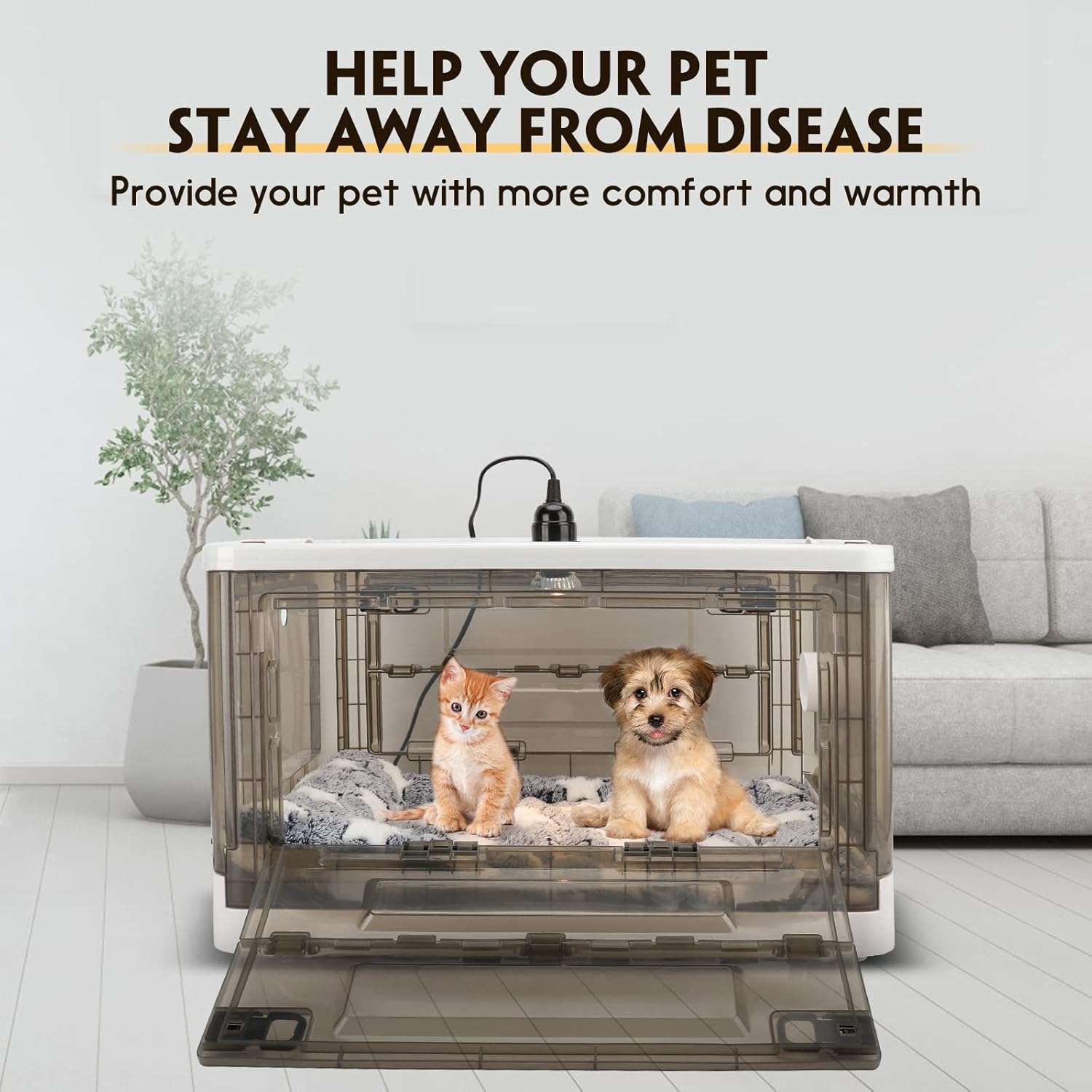 Incubadora transparente para cachorros y gatitos con lampara de calor ventilador y kit de alimentacion.