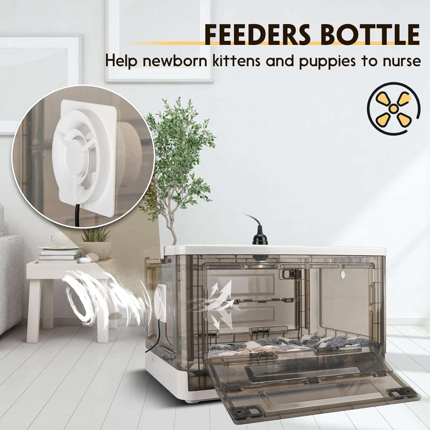 Incubadora transparente para cachorros y gatitos con lampara de calor ventilador y kit de alimentacion.
