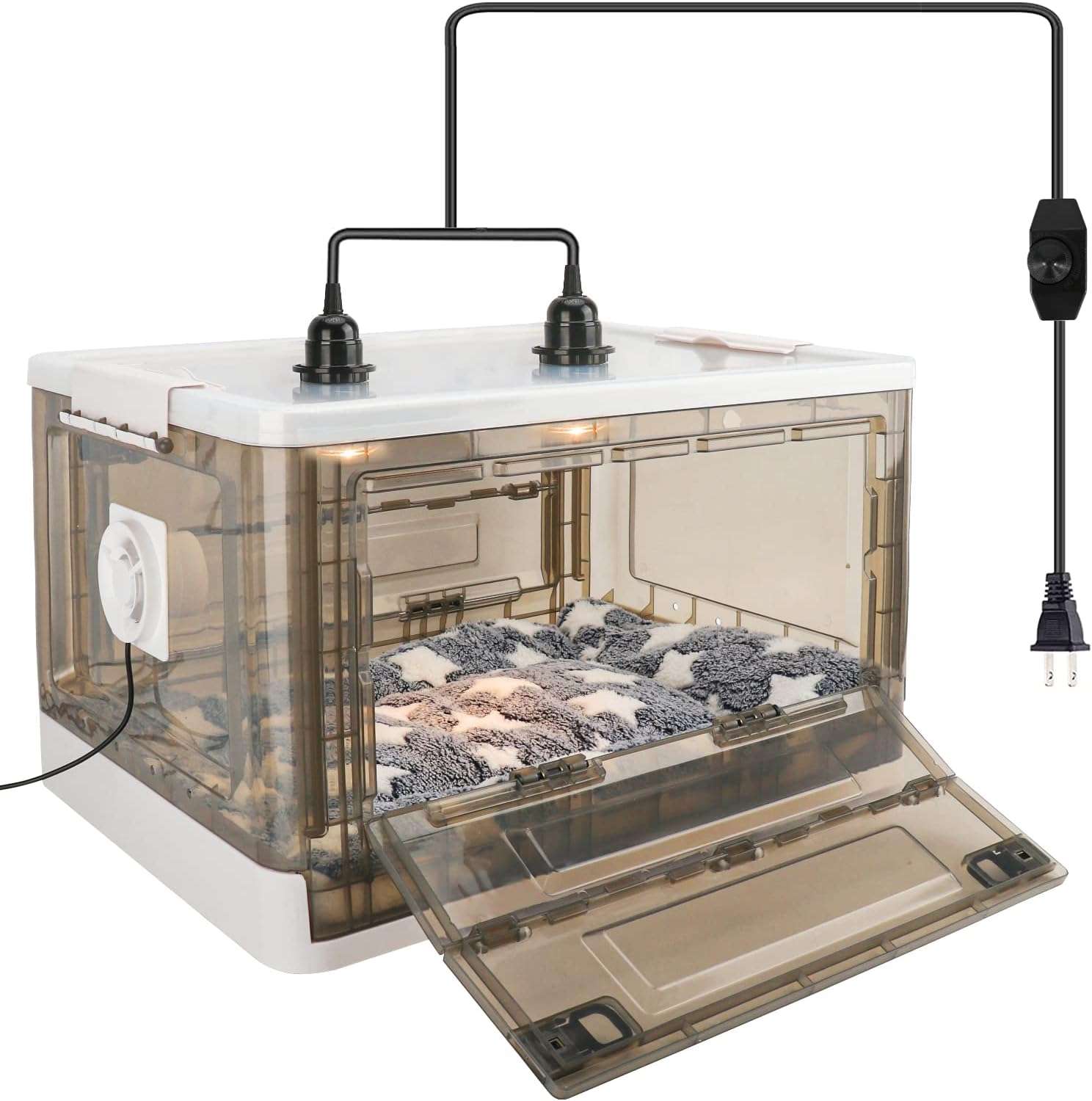 Incubadora transparente para cachorros y gatitos con lampara de calor ventilador y kit de alimentacion.