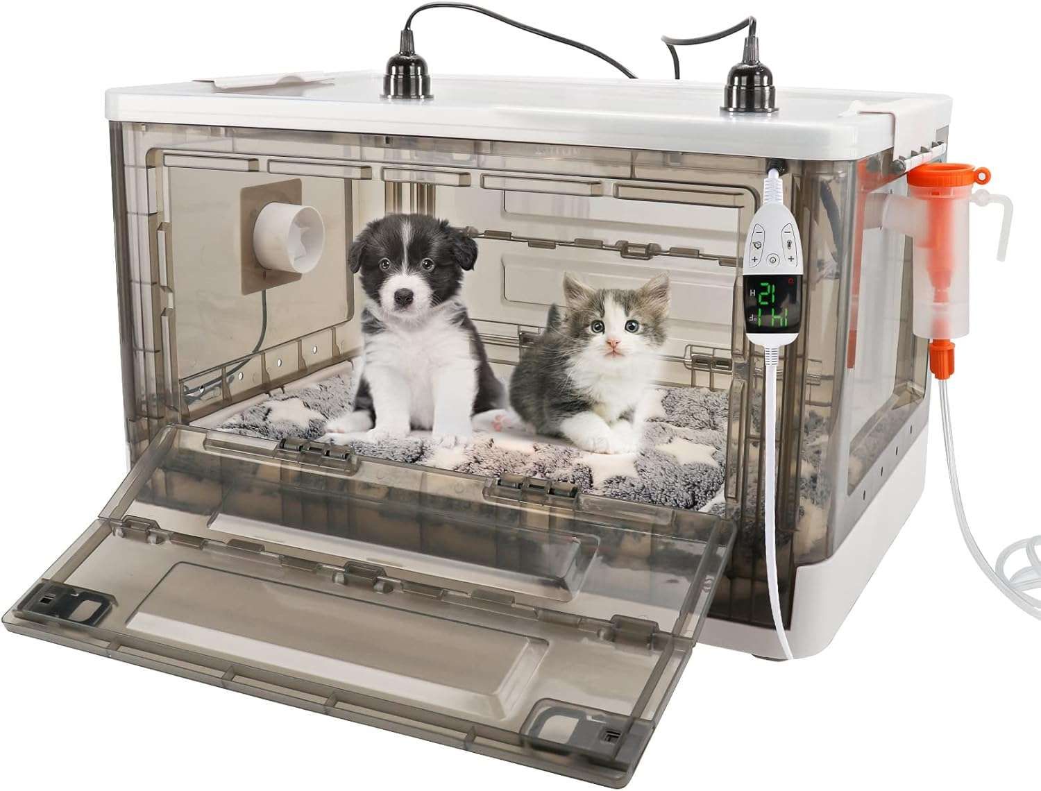 Incubadora transparente para cachorros y gatitos con lampara de calor ventilador y kit de alimentacion.