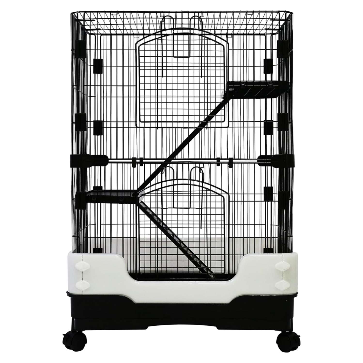 Jaula de metal negra de tres niveles con ruedas y bandeja extraíble para hurones chinchillas y roedores pequeños.
