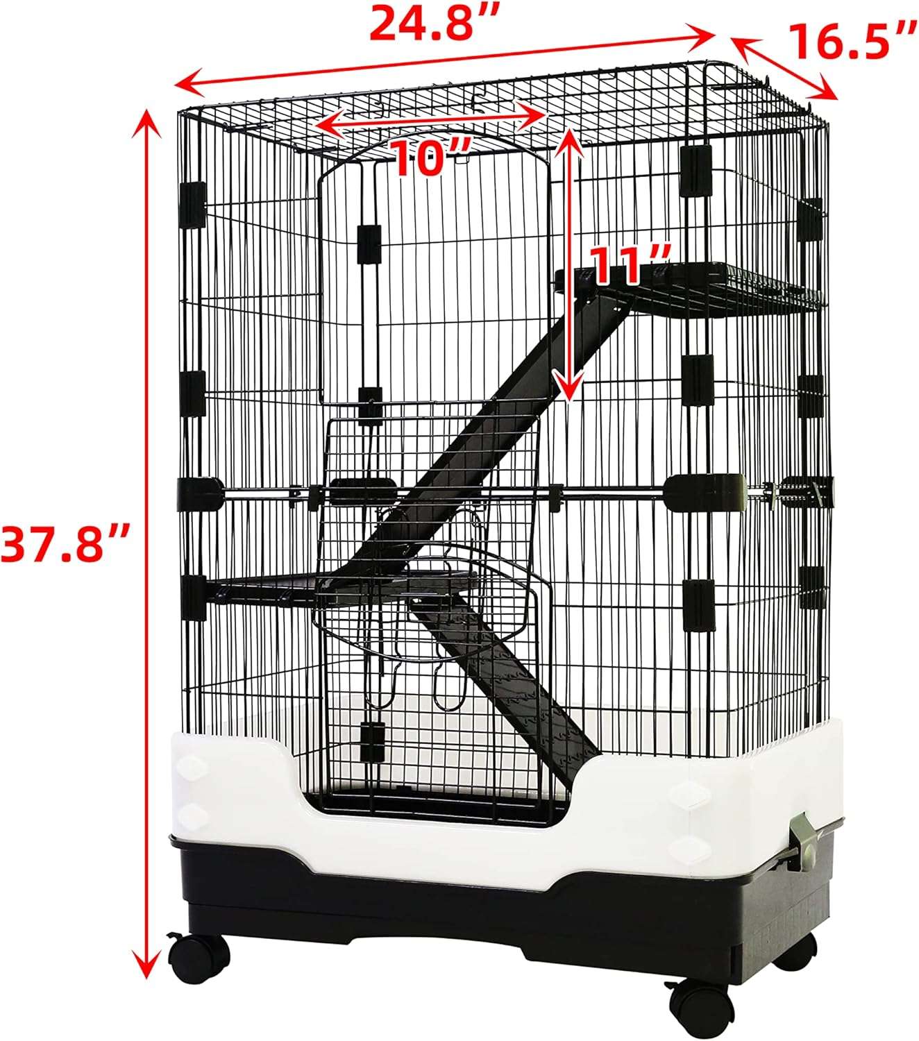 Jaula de metal negra de tres niveles con ruedas y bandeja extraíble para hurones chinchillas y roedores pequeños.
