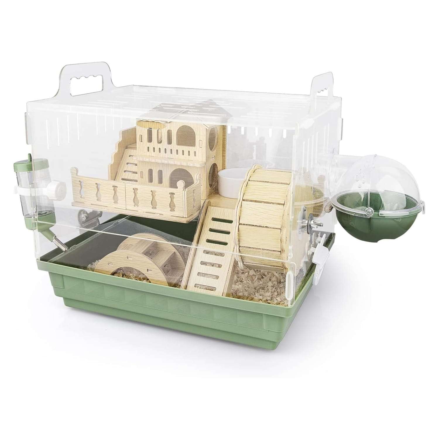 Jaula transparente de acrilico para hamster con casa de madera rueda silenciosa y accesorios.