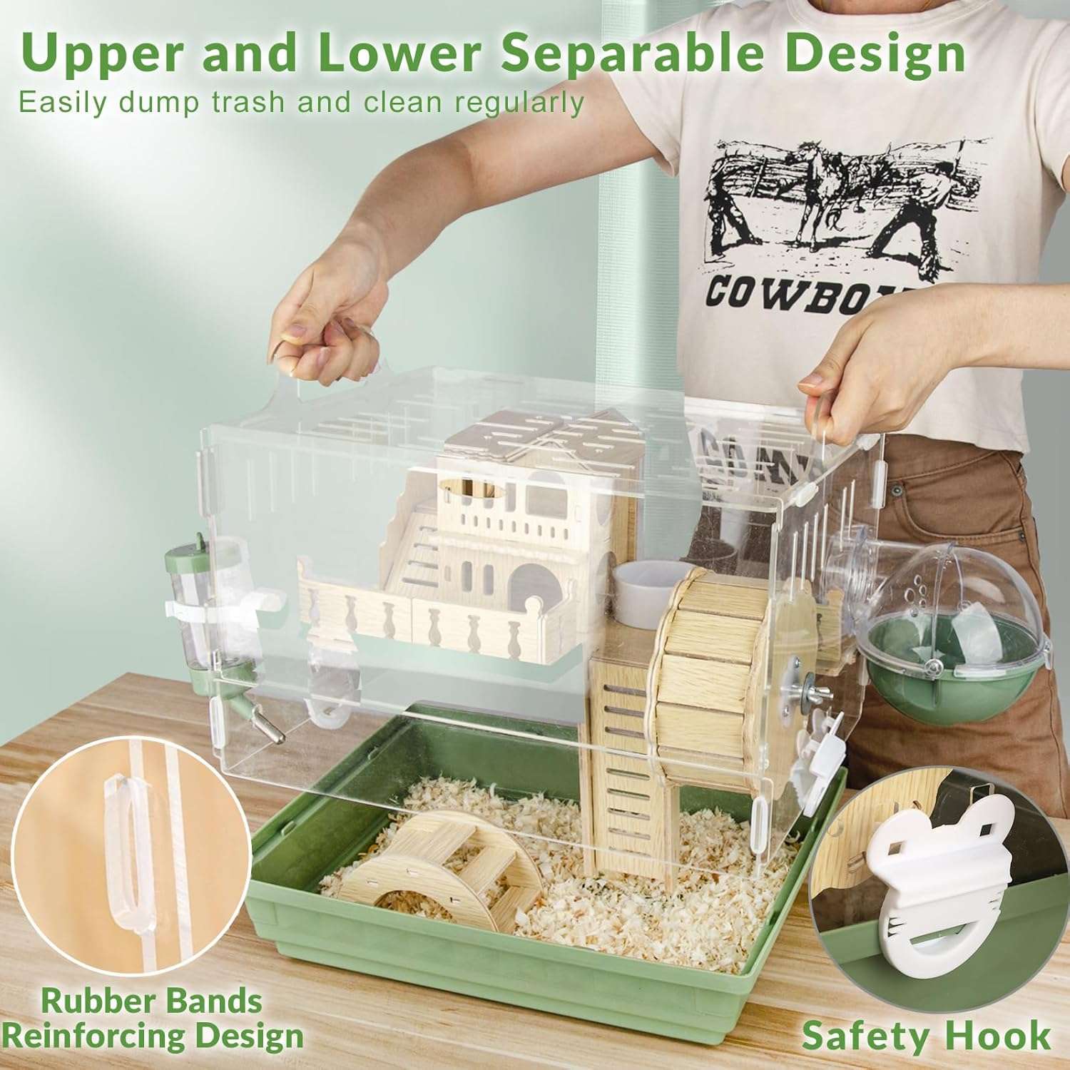 Jaula transparente de acrilico para hamster con casa de madera rueda silenciosa y accesorios.