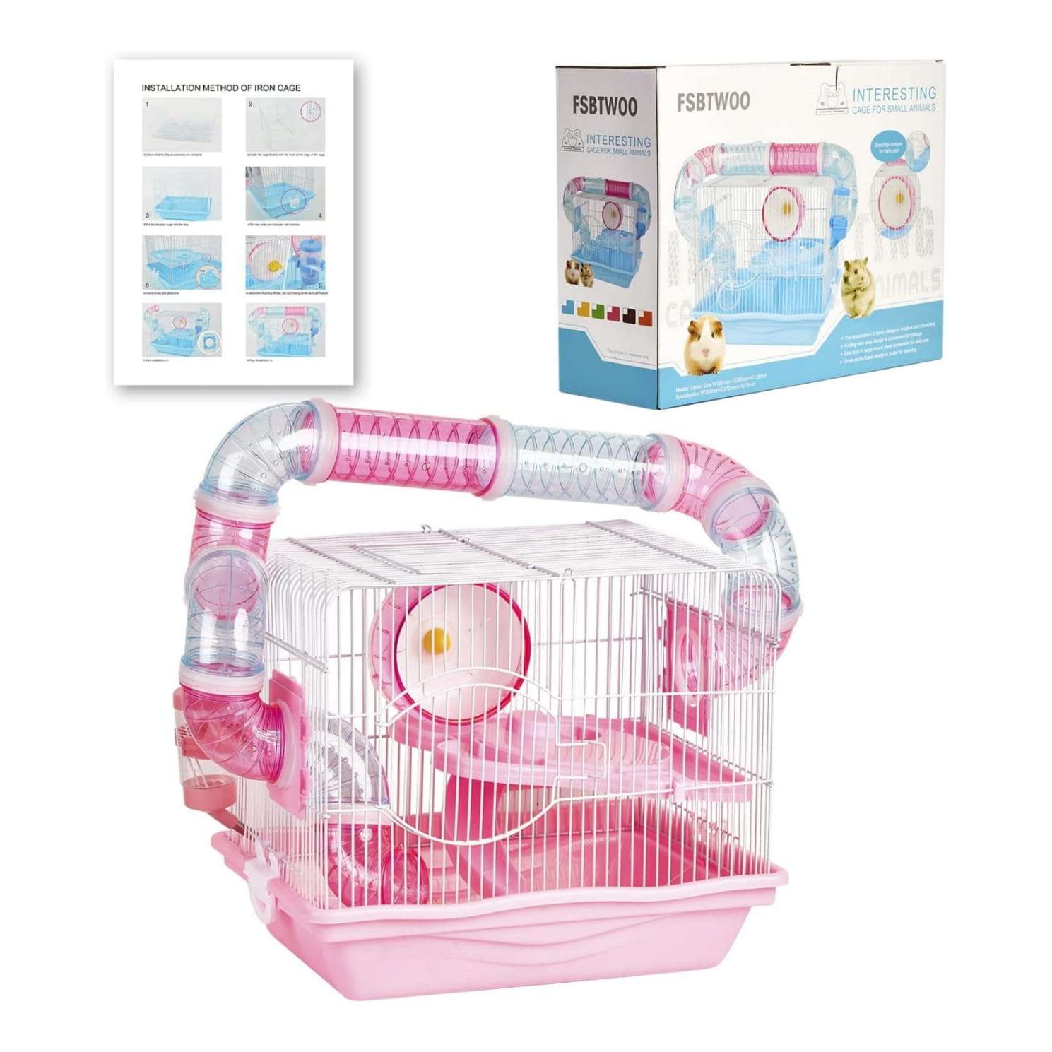 Jaula multinivel para hamster con bandeja extraible rueda de ejercicio y divertidos accesorios.