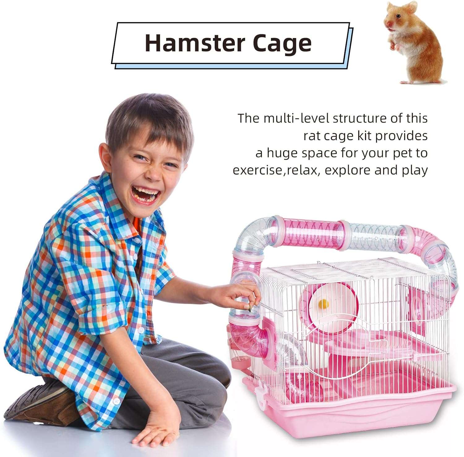 Jaula multinivel para hamster con bandeja extraible rueda de ejercicio y divertidos accesorios.