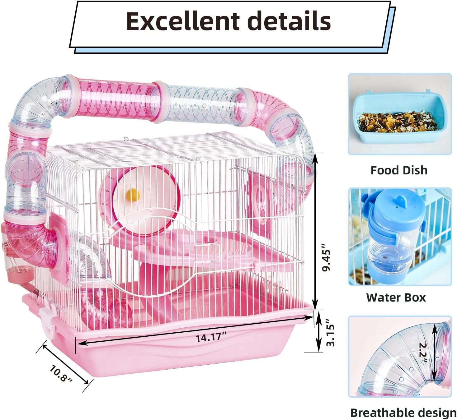 Jaula multinivel para hamster con bandeja extraible rueda de ejercicio y divertidos accesorios.