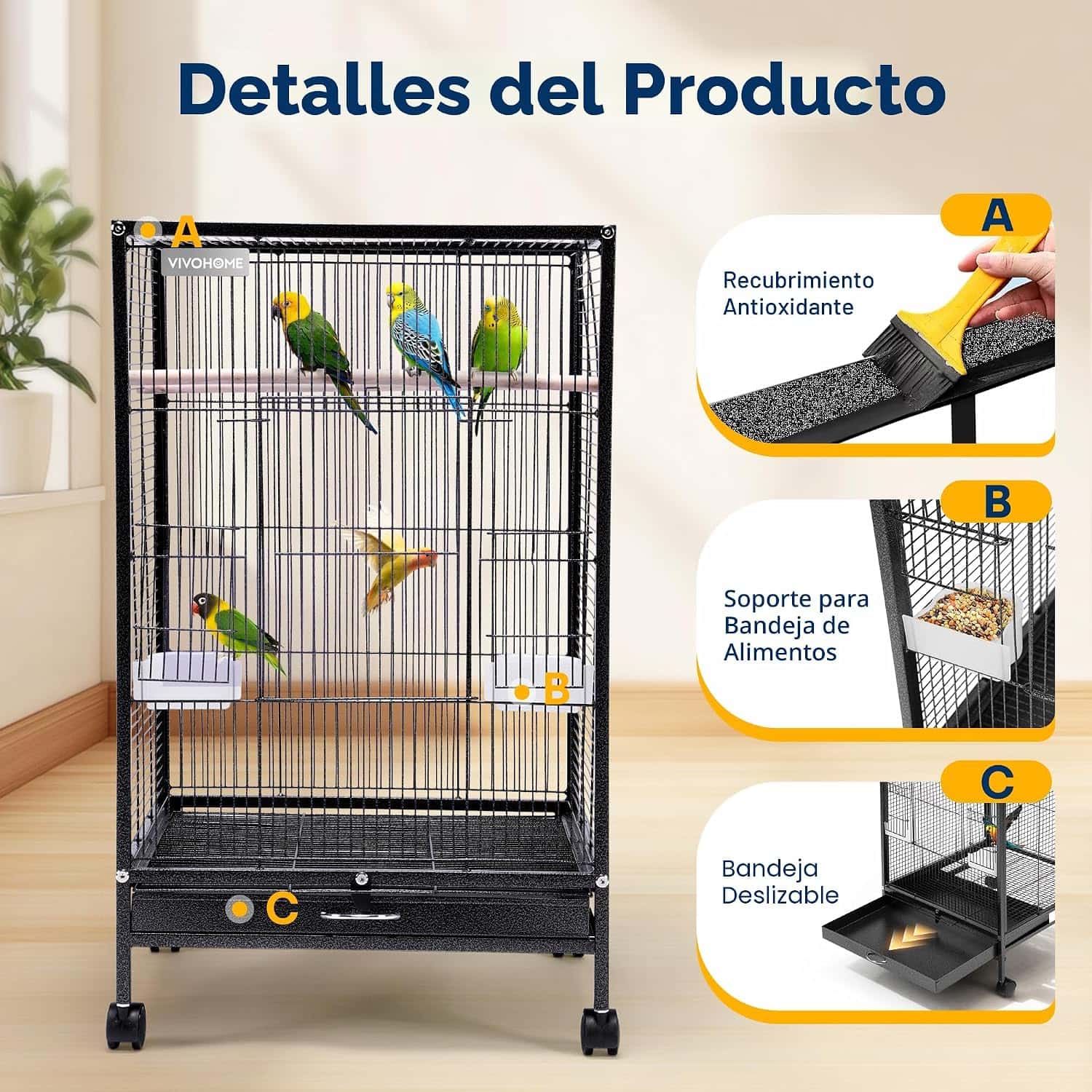 Jaula de acero resistente para aves con base plana ruedas y accesorios incluidos