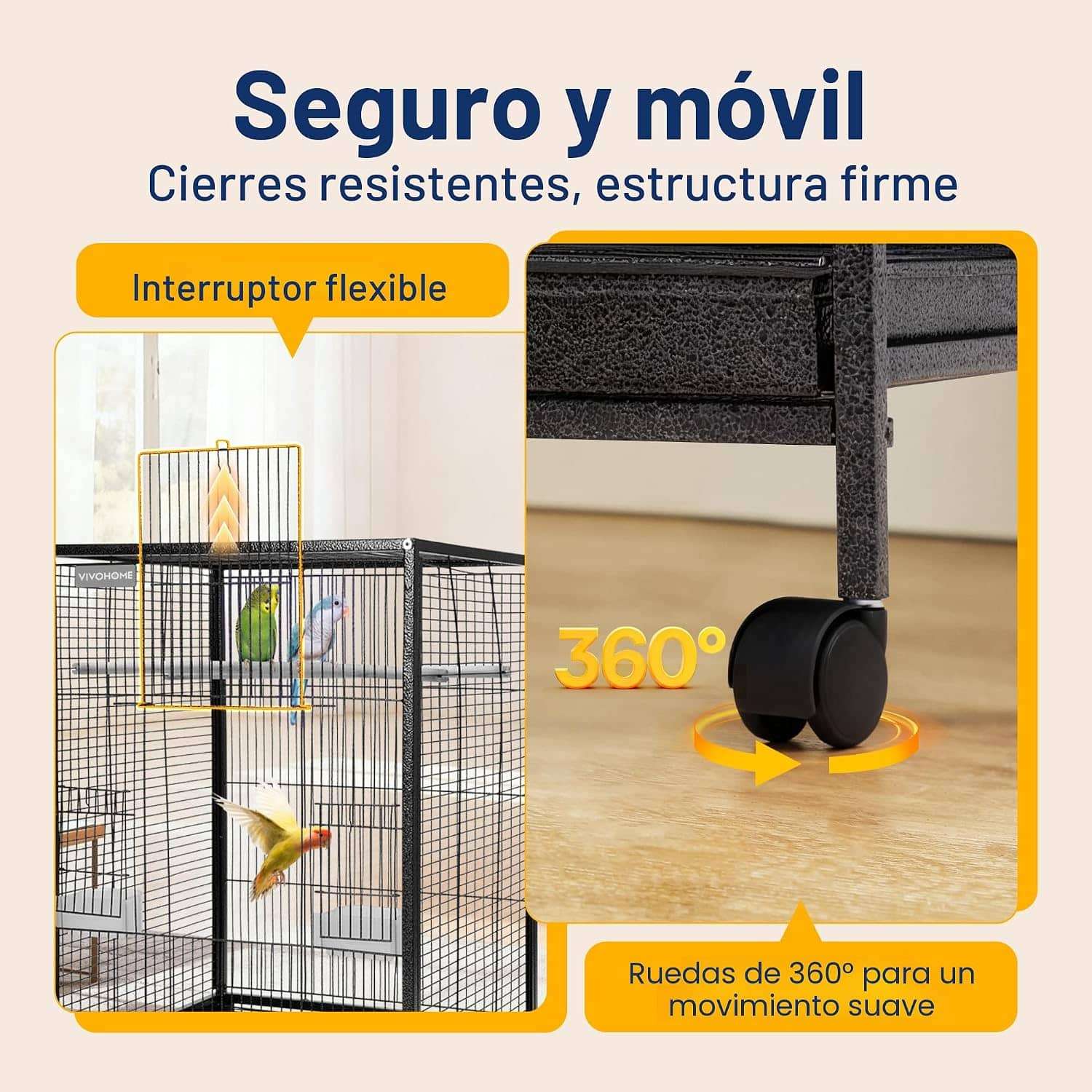 Jaula de acero resistente para aves con base plana ruedas y accesorios incluidos