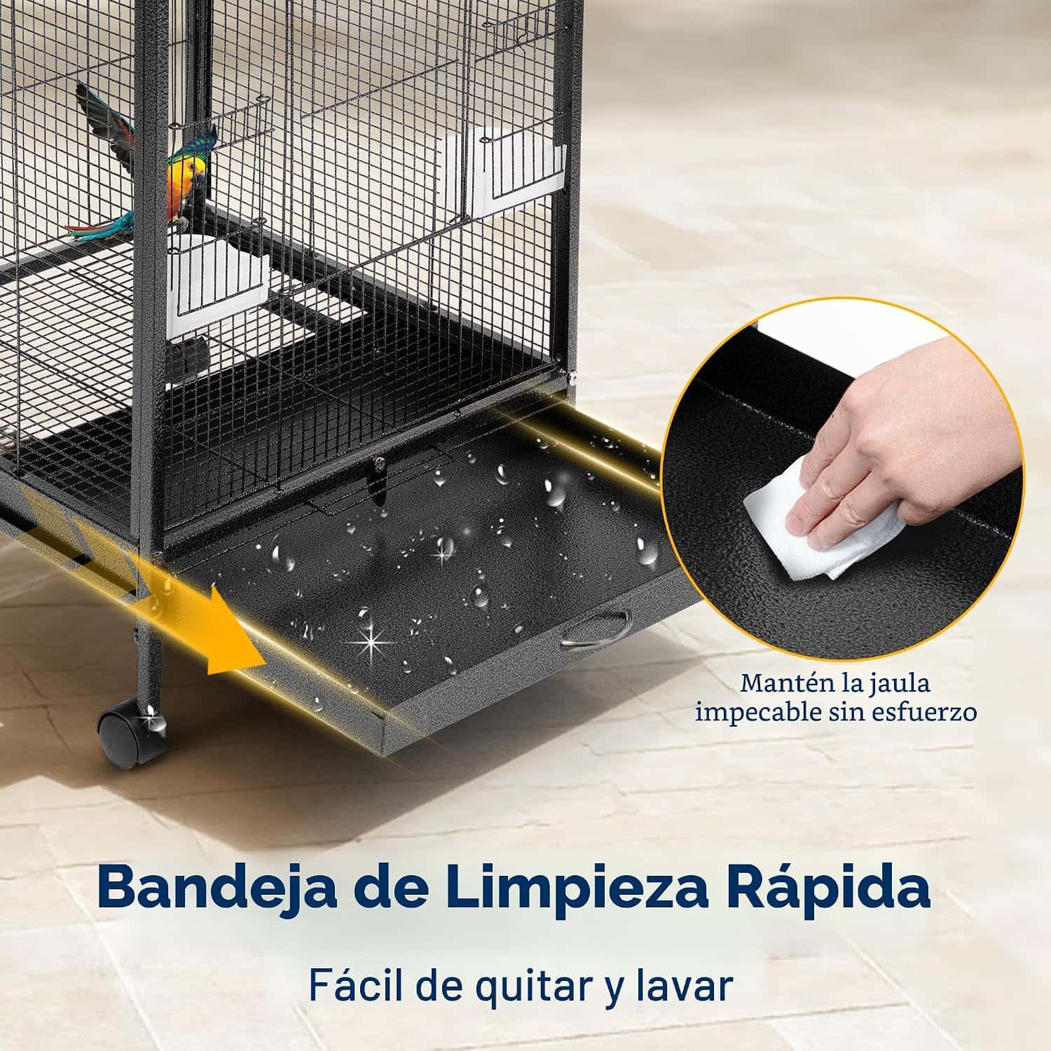 Jaula de acero resistente para aves con base plana ruedas y accesorios incluidos