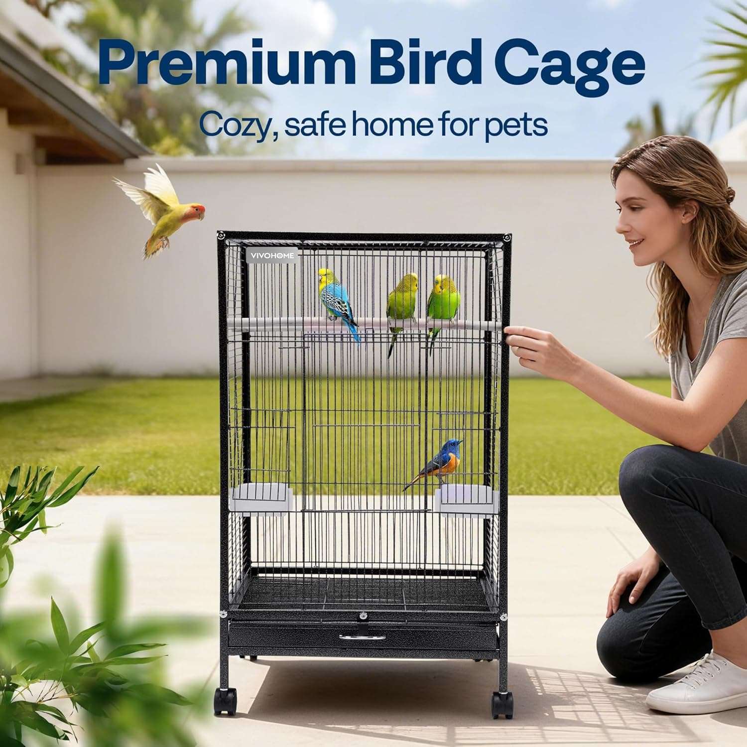 Jaula de acero resistente para aves con base plana ruedas y accesorios incluidos