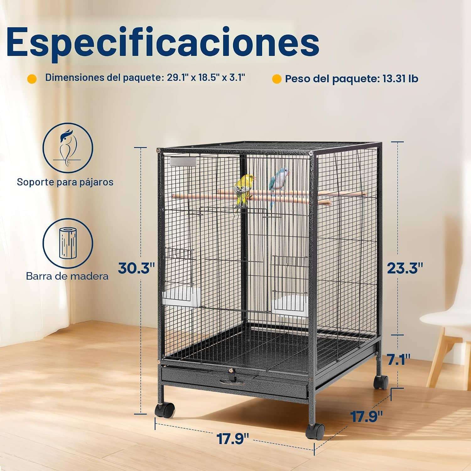 Jaula de acero resistente para aves con base plana ruedas y accesorios incluidos
